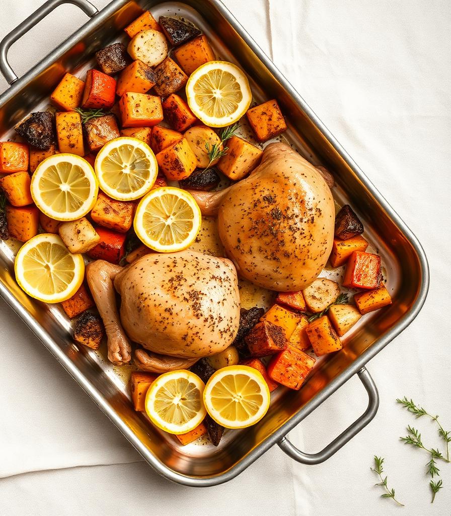 One-pan lemon chicken traybake with sweet potato